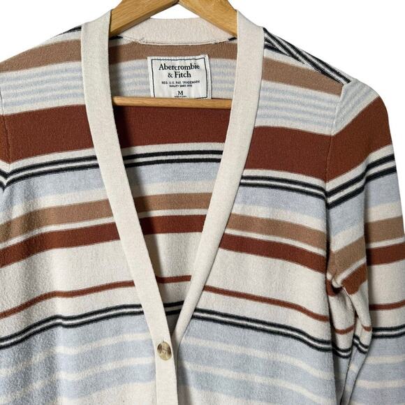 Abercrombie & Fitch Striped Cardigan Grandpacore Sweater‎ Brown Cream Blue, M - Picture 2 of 9